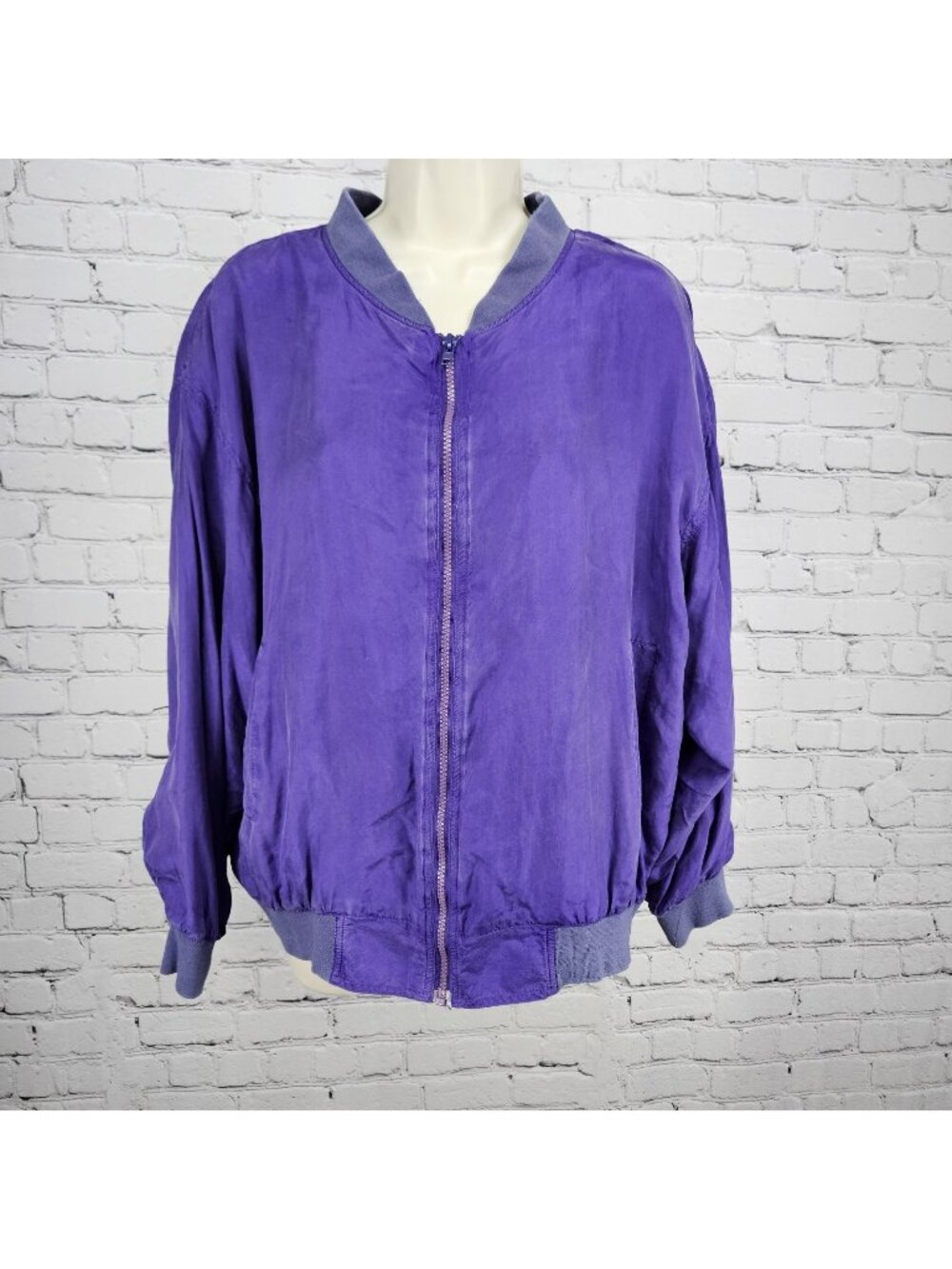 VTG Jessica Roberts Purple 100% Silk Full Zip Lined Windbreaker Bomber Jacket L